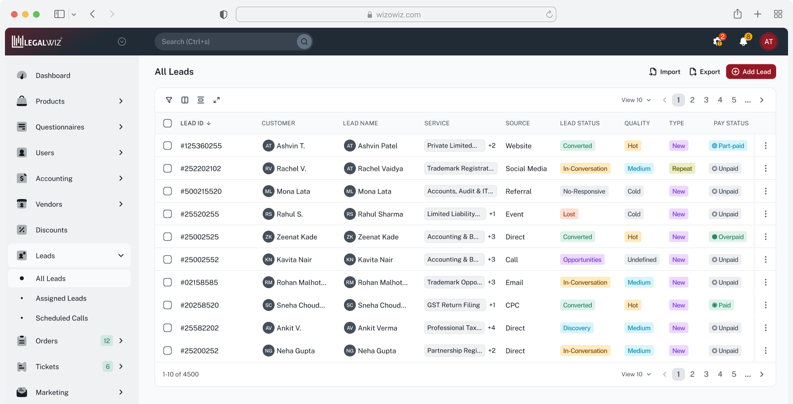 Leads management dashboard in Wizowiz